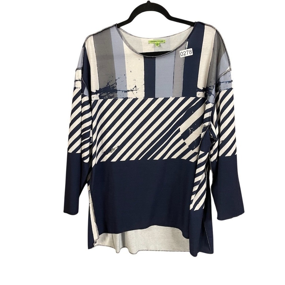 Trisha Tyler Tunic Top Womens Plus 1X Blue White Gray‎ Abstract Striped